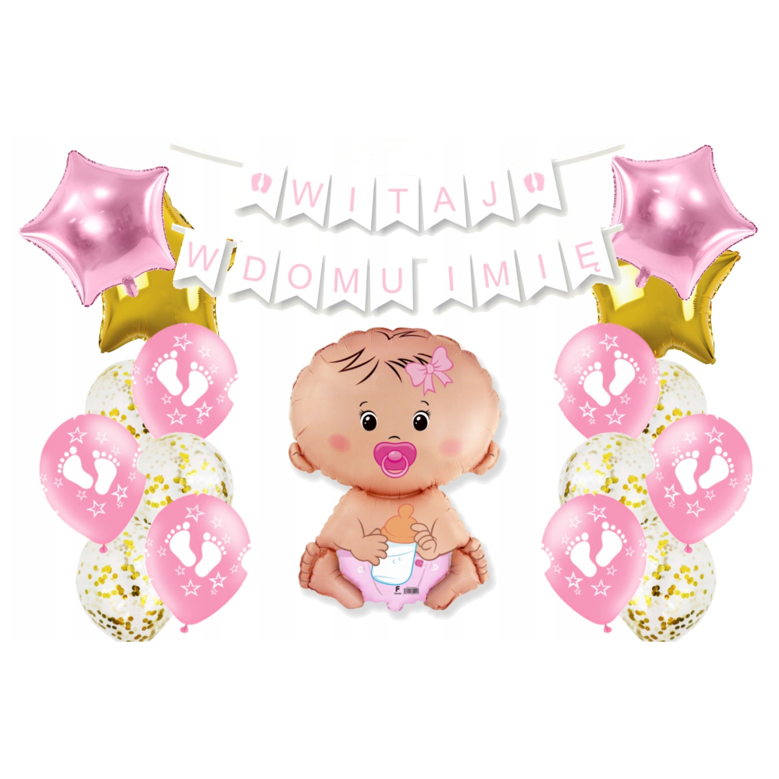 Zestaw Balonów na Powitanie Dziecka w Domu Dziewczynka – Baner Witaj w Domu + Balony