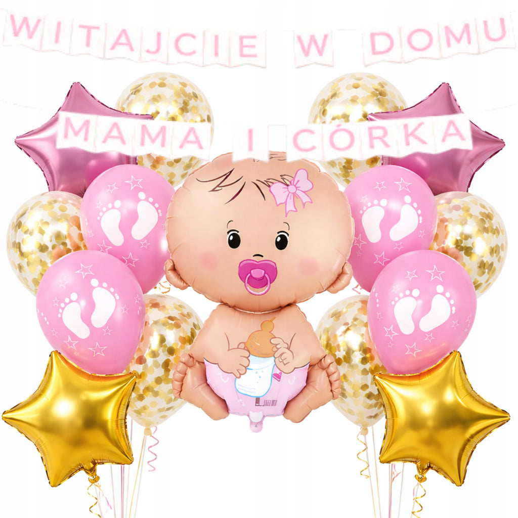 Zestaw Balonów na Powitanie Dziecka Dziewczynka – WITAJCIE W DOMU + Imię | Baby Shower, Narodziny Córki, Dekoracje z Helem