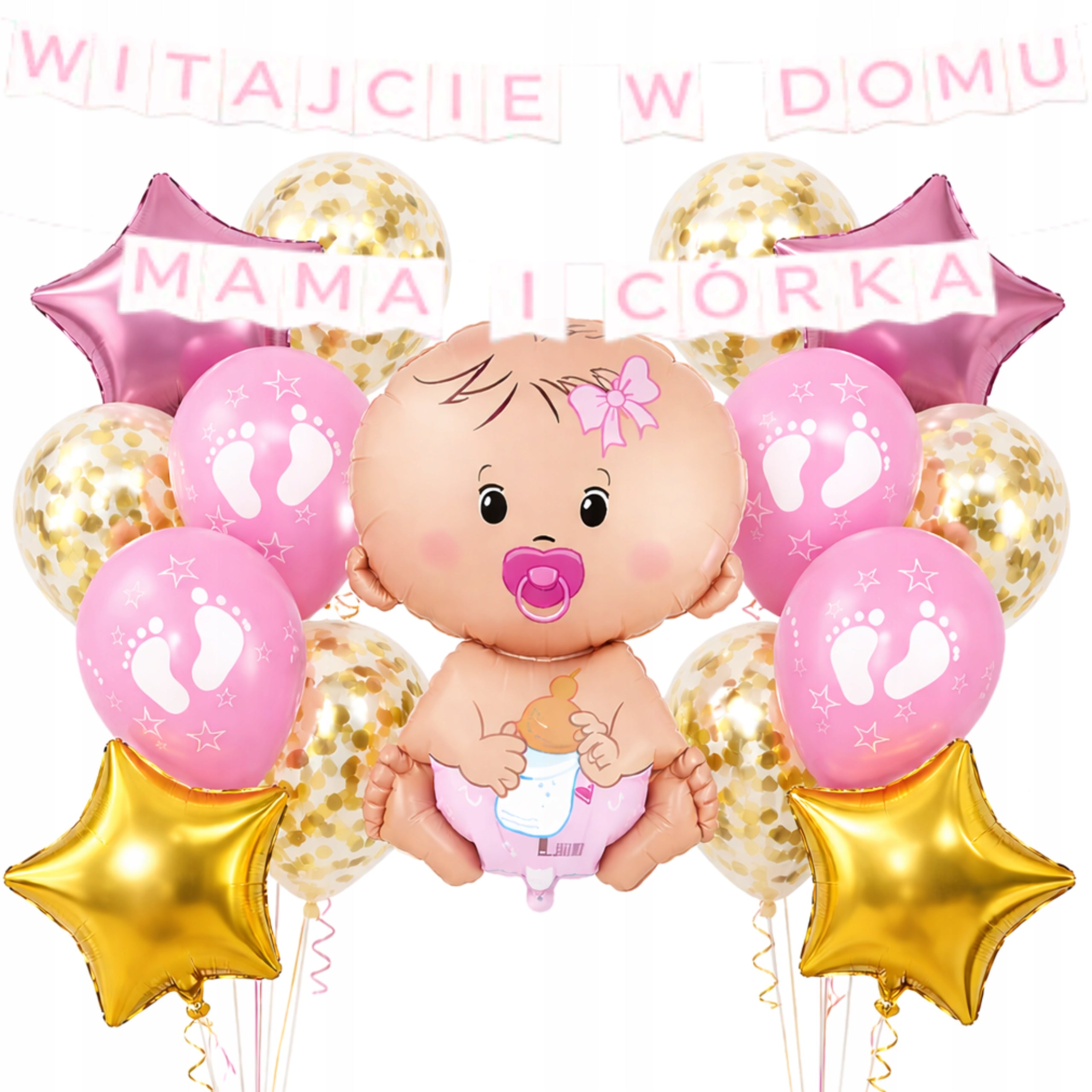 Zestaw Balonów na Powitanie Dziecka Dziewczynka – WITAJCIE W DOMU + Imię | Baby Shower, Narodziny Córki, Dekoracje z Helem