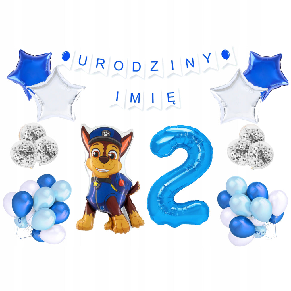 Balony na 2 urodziny chłopca Psi Patrol zestaw dekoracji niebiesko srebrny z imieniem