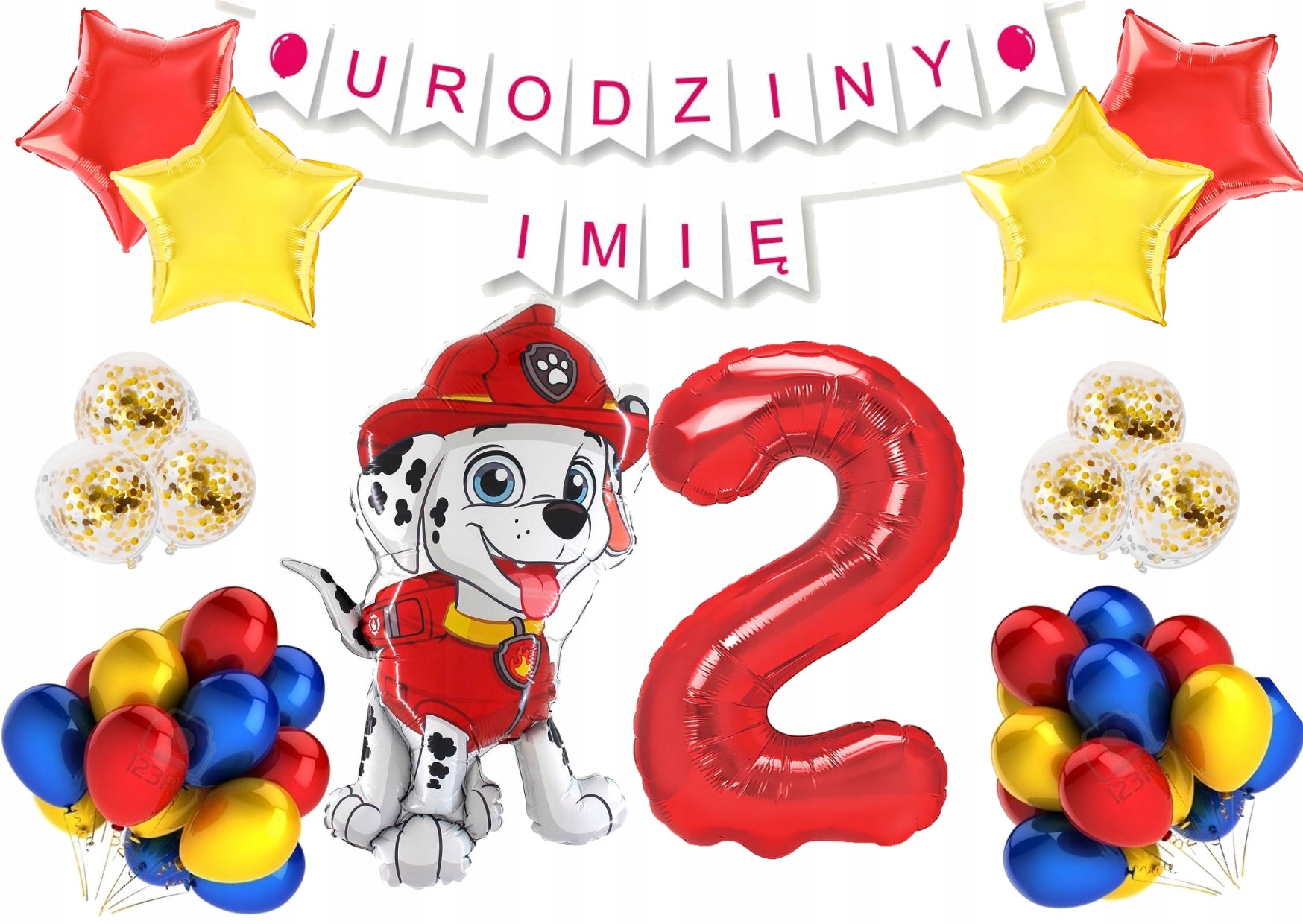 Zestaw balonów na 2 urodziny Psi Patrol Marshall – czerwono-złoty z girlandą imienną