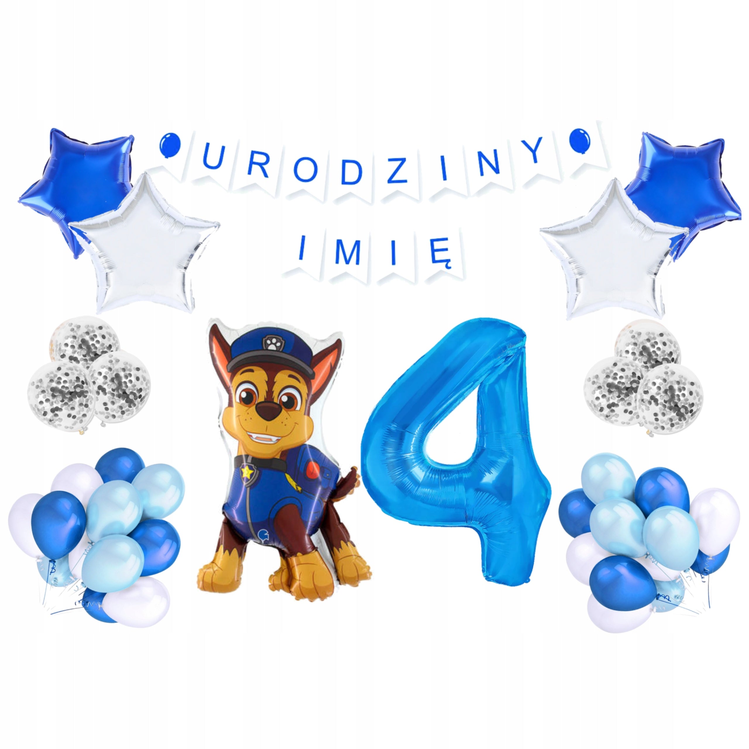 Balony na 4 urodziny chłopca Psi Patrol zestaw dekoracji niebiesko srebrny z imieniem