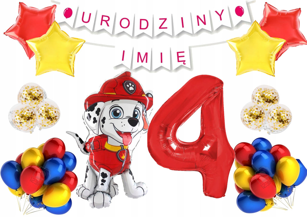 Zestaw balonów na 4 urodziny Psi Patrol Marshall – czerwono-złoty z girlandą imienną