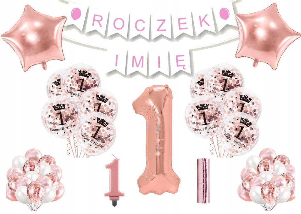 Zestaw balonów na roczek ROSE GOLD + girlanda personalizowana | Dekoracje na 1 urodziny dziewczynki