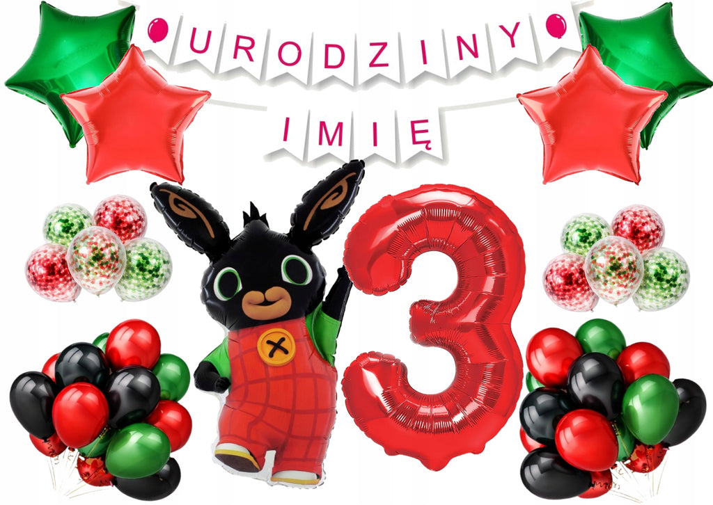 Dekoracje Urodzinowe Bing na 3 Urodziny Dziecka Balony Królik Bing Cyfra 3 Zestaw